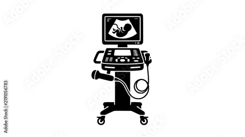 Ultrasound machine with fetal image on screen isolated white background