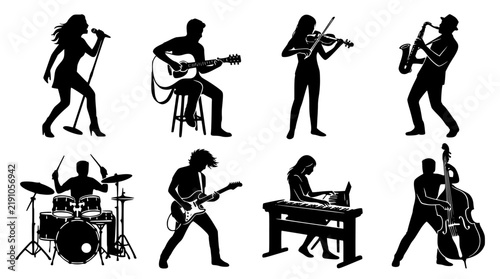 Silhouette musicians playing various instruments isolated on white background