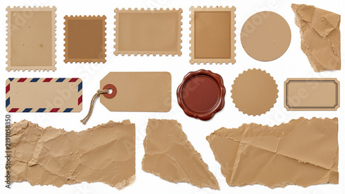 Vintage Kraft Paper Scrapbook Ephemera Set with Blank Postage Stamps, Airmail Label, Brown Cardboard Tags, Red Wax Seal, and Torn Ripped Paper Elements