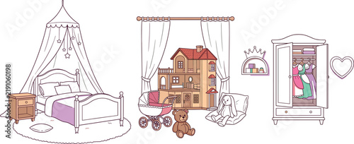 Bild auf Leinwand Line art vector illustration set of a princess bedroom interior featuring canopy