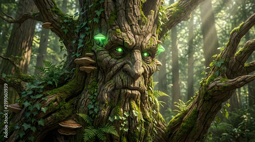 Mystical tree spirit face in a deep green forest
