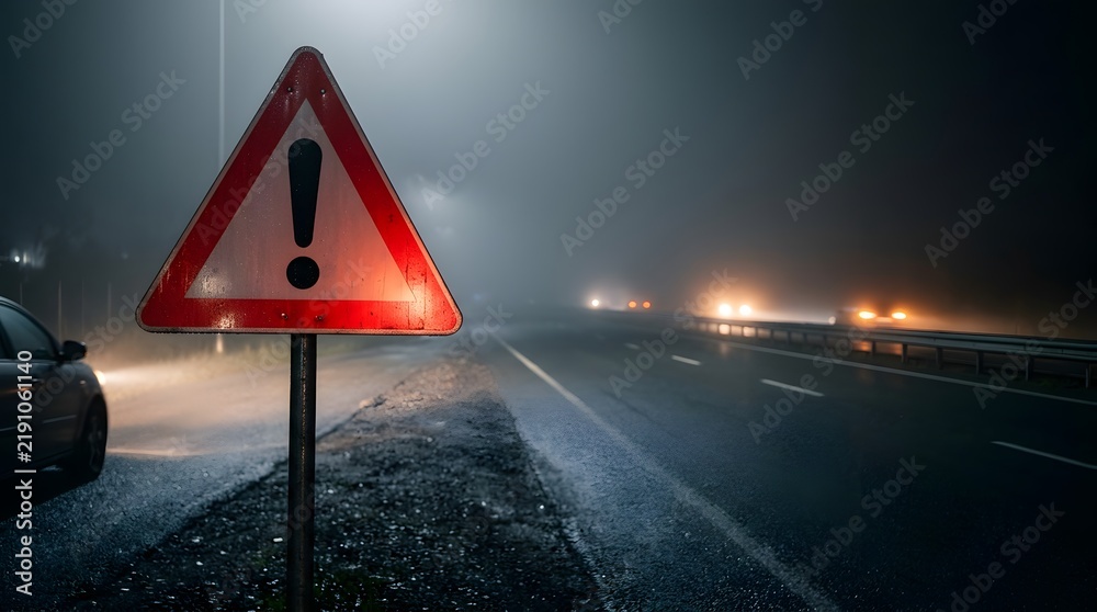 Obraz premium Red triangle hazard warning sign on dark foggy highway at night emphasizing dangerous driving conditions and road safety