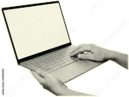 Hand using laptop computer halftone collage. Trendy retro halftone collage element isolated on transparent background. Vector illustration.