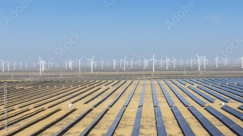 Cuadro en lienzo Solar Panel Rows and Wind Turbine Array in Desert Gobi Renewable Energy Farm