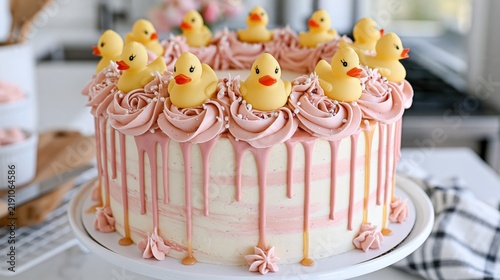 Celebration cake decorated with small yellow ducks and pink frosting.