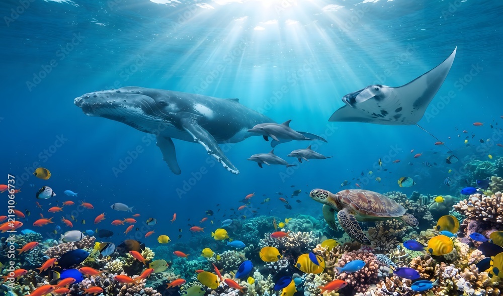 Fototapeta premium World Animal Day, Majestic humpback whale swimming with dolphins manta ray and sea turtle over vibrant tropical coral reef in sunlit ocean.