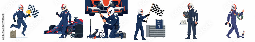 Obraz premium Professional Race Car Driver Illustrations Set Featuring Victory Celebrations, Car Maintenance, and Racing Preparation Scenes