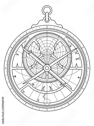 Bild auf Leinwand Vintage Astrolabe Isolated Line Art Illustration - Celestial Navigation Tool