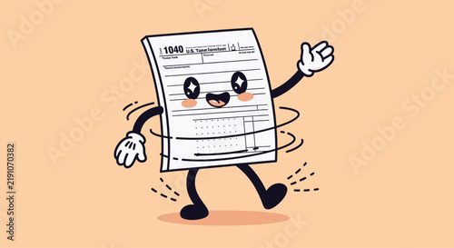 Cheerful dancing tax form character with happy face.