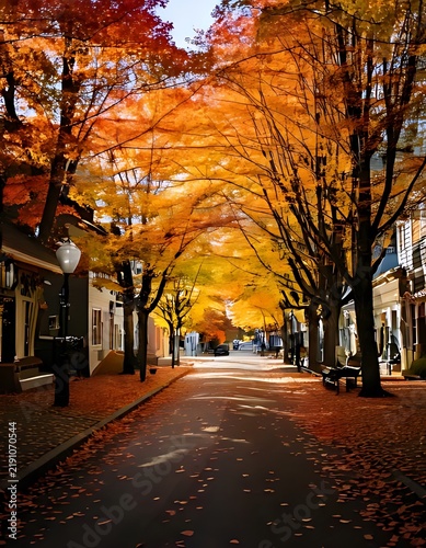 Charming Small Town Street Lined with Vibrant Autumn Foliage.