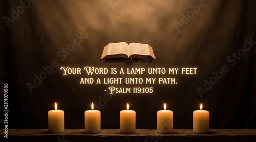 Open Bible hovers above five lit candles featuring the verse from Psalm 119:105 on a dark background.
