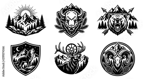 Black  White Mountain Animal Emblems: Bison, Bear, Wolf, Deer, Ram