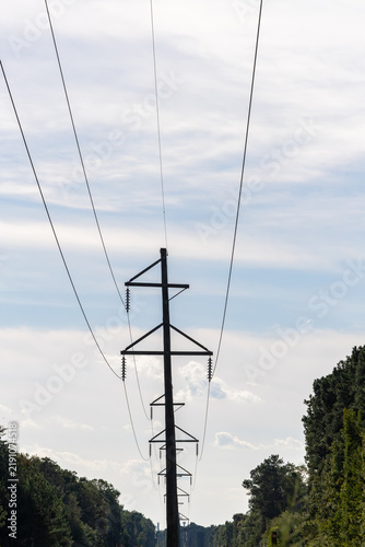 Tappahannock, Virginia, USA High tension electricity wires and pylons in a field through the woods.