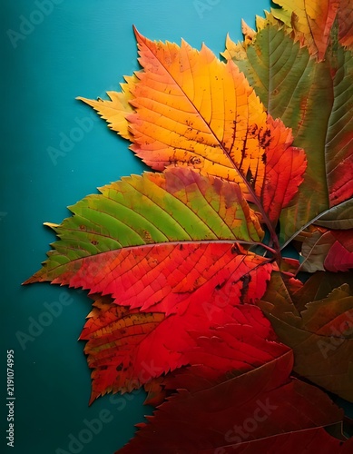 Colorful autumn leaves arranged against a vibrant teal blue background.