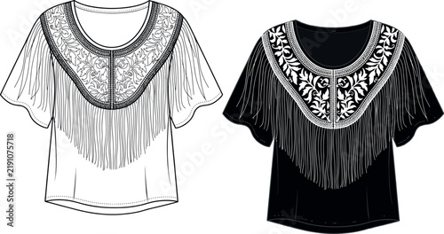 Elegant folk style tunic flat drawing highlighting an ornate embroidered yoke, fringe trim, and relaxed short sleeves for apparel design.