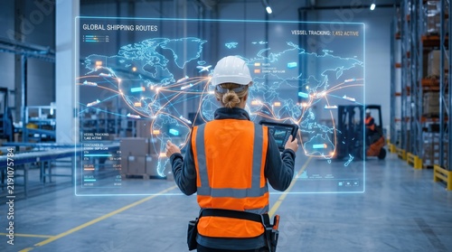 Female logistics manager in safety vest using holographic global shipping routes interface, tracking active vessels in modern warehouse with augmented reality technology.