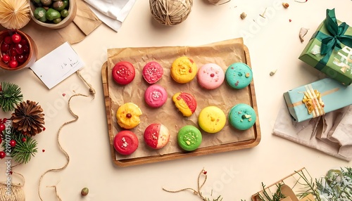 Colorful Christmas cookies on a wooden tray with holiday decorations.