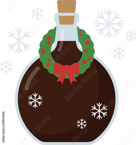 Quadro su tela Flat design vector illustration of a vintage glass carboy filled with dark liquid, decorated with a Christmas wreath and snowflakes