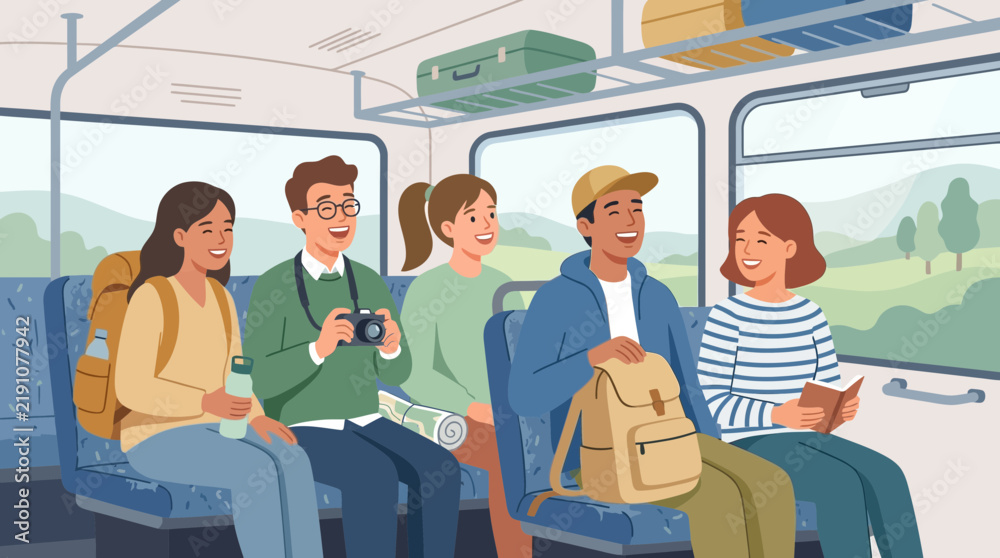 Obraz premium Diverse travelers on bus, smiling, on journey, with luggage