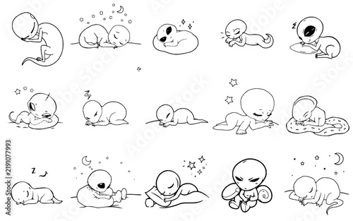Cute Simple Alien Sleeping - Bold Black Outline Easy Kids Coloring Page, No Shading, Single Character on White Background