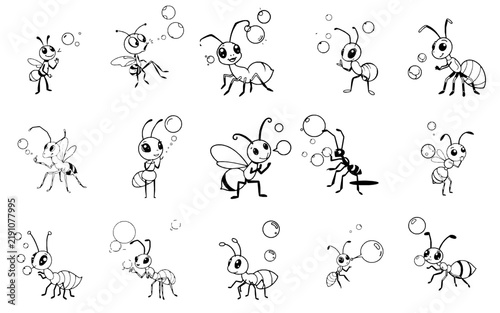 Cute Simple Ant Blowing Bubbles - Bold Black Outline Easy Kids Coloring Page, No Shading, Single Character on White Background