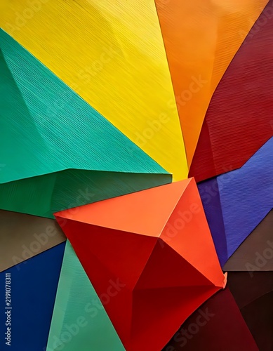 Colorful geometric paper abstract background with 3D shapes.