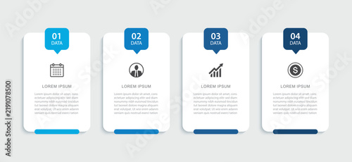 Business infographic banner template with 4 blue steps for presentation process.