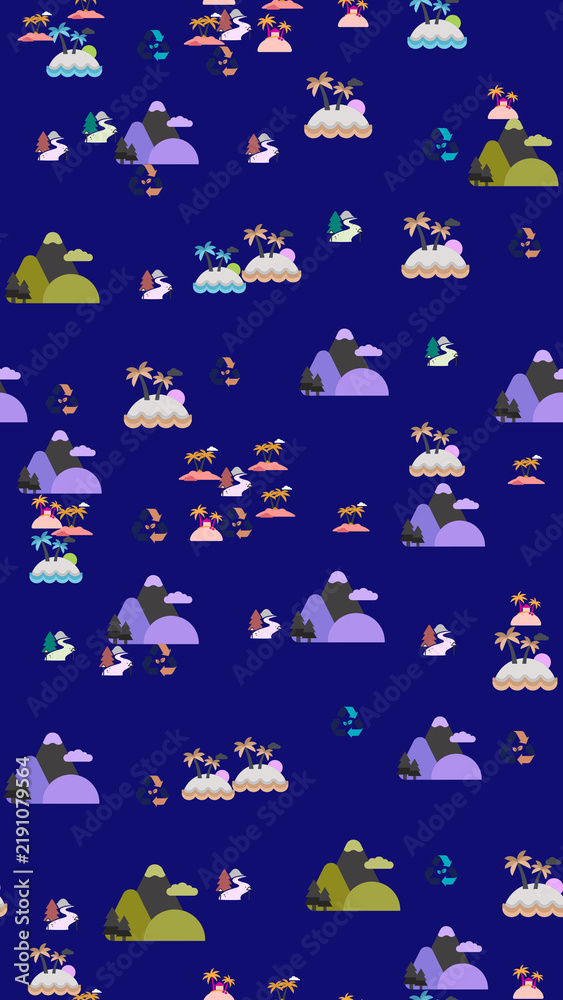 Fototapeta premium Stylized Islands, Mountains, and Recycling Symbols Pattern