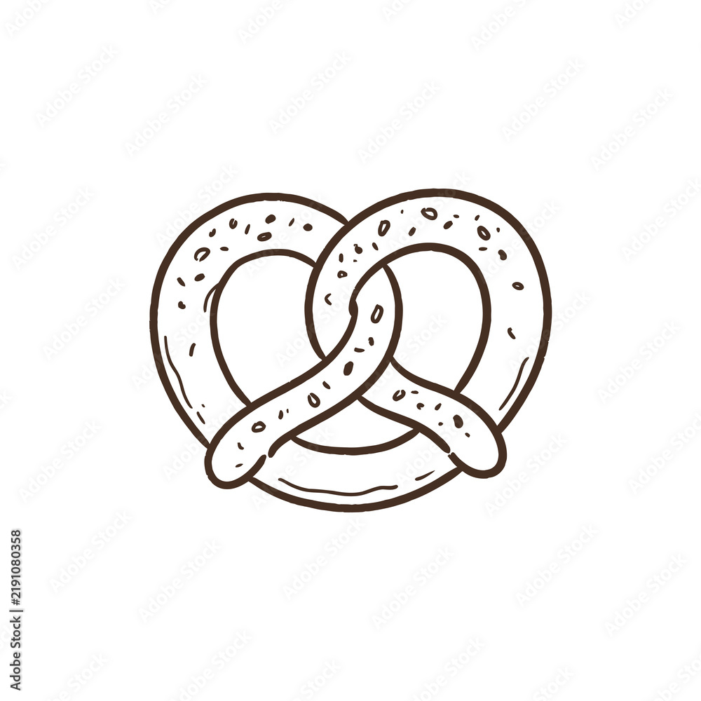 Fototapeta premium Soft brown line pretzel snack illustration featuring salt grains on baked dough surface for bakery cafe menu design projects with authentic rustic bread style.