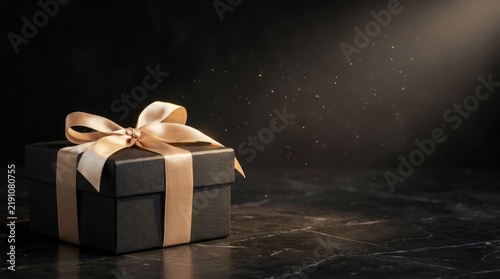A single elegant black gift box with a gold ribbon sits on a dark marble surface with sparkling light