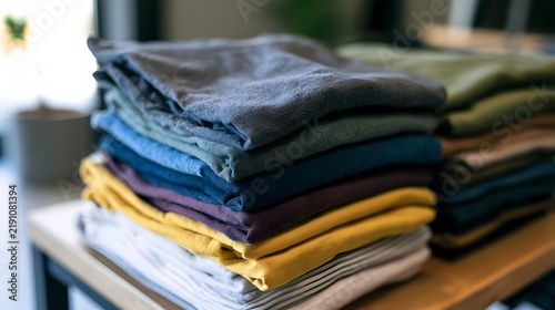 Neatly folded stack of colorful clothing items arranged on a wooden surface with soft natural lighting