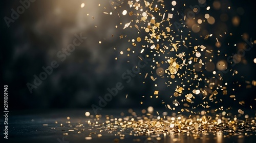 Golden confetti falling onto a dark surface with soft lighting with metallic confetti particles
