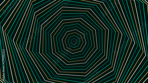 Concentric heptagon lines creating optical illusion tunnel effect with dark green gold white minimal backdrop.