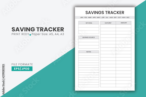 Printable Savings Tracker Sheet, Financial Goal Setter and Income Source Log for Personal Finance Management.