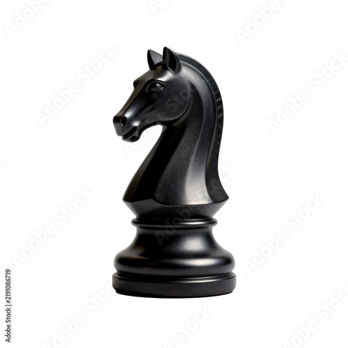 [Transparent Background PNG]Black glossy chess knight piece isolated on plain white background
