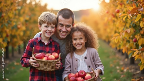 Happy family enjoying autumn apple harvest outdoors, smiling together in beautiful orchard with baskets of fresh red apples, colorful foliage and warm golden sunlight creating joyful scene
