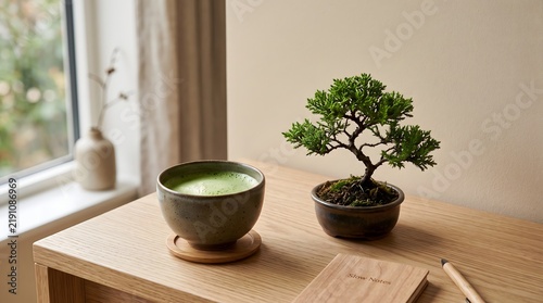 Generative AI digital wellbeing still life featuring a ceramic matcha cup beside a neatly pruned bonsai on a sleek desk, with soft dramatic sidelight and beige tones.