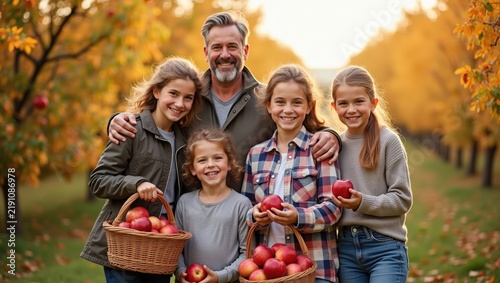 Happy family enjoying autumn apple harvest outdoors, smiling together in beautiful orchard with baskets of fresh red apples, colorful foliage and warm golden sunlight creating joyful scene