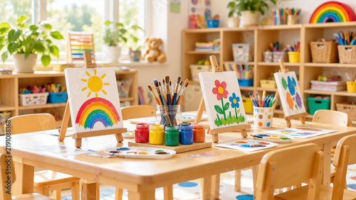 Bright Preschool Art Classroom with Colorful Children's Paintings on Wooden Easels, Brushes, and Paint Jars on Creative Table