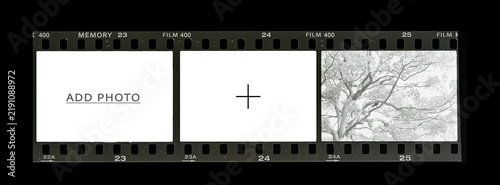 Vintage 35mm film negative strip with copy space frames isolated on black background.Image space.