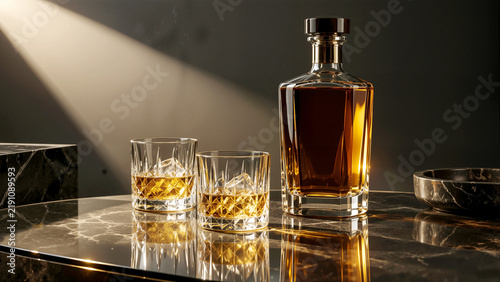 Premium Whiskey Bottle and Crystal Rocks Glasses with Ice on Dark Marble Table Under Dramatic Light