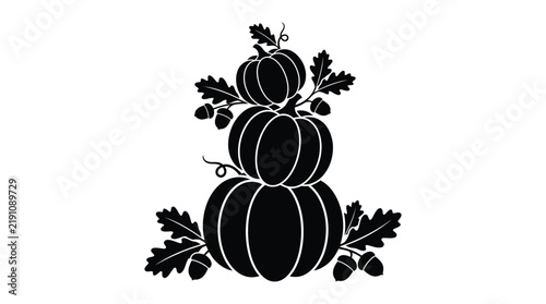 Stacked pumpkins with oak leaves and acorns black silhouette on white