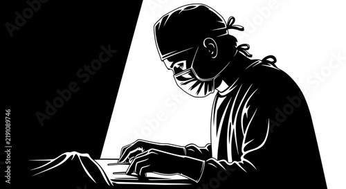 Surgeon in Surgical Mask and Cap Working on Laptop in Operating Room
