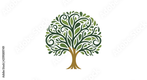 Stylized Tree of Life Logo with Swirling Green Leaves and Brown Trunk