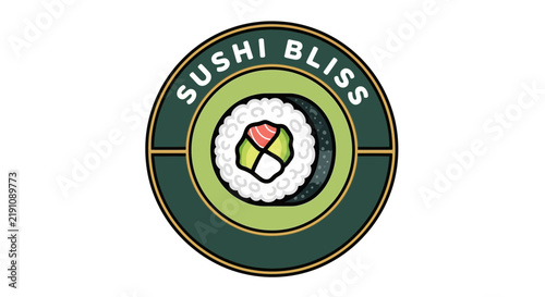 Sushi Bliss Logo: Delicious Sushi Roll with Salmon and Avocado in a Circle