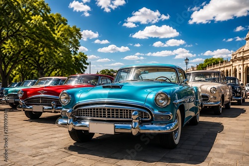 Row of colorful vintage classic american cars parked on stone plaza under blue sky with white clouds and green trees during sunny day car show exhibition event.