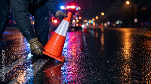 Road worker placing an orange traffic cone on a wet highway at night with emergency vehicle lights