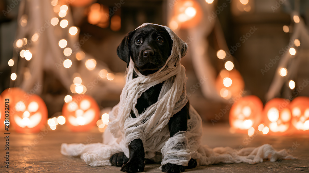 Obraz premium Adorably spooky black Labrador puppy wrapped in white gauze as a mummy sitting among glowing Halloween pumpkins and festive bokeh lights. Funny pet trick-or-treat concept photo.