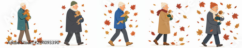 vector of a grandpa walking holding a pet dog in autumn