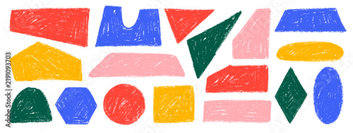 Funky crayon geometric childish shapes set. Doodle playful bold geometric forms with chalk or pencil texture and rough edges. Hand drawn colorful triangle, circle, square, oval and naive figures.